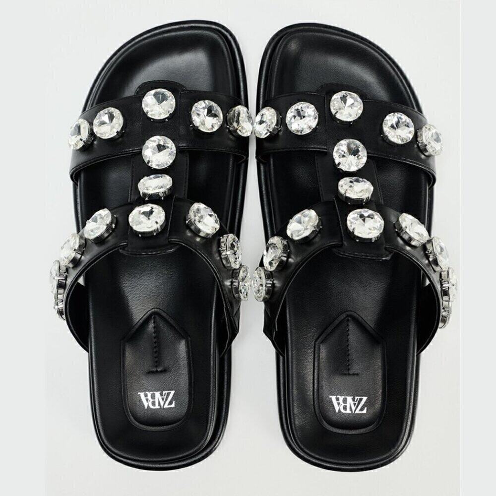 ZARA Black Crystal Embellished Flat Sandals NWT Double Strap Gem Slides Size 7.5 - Picture 16 of 16